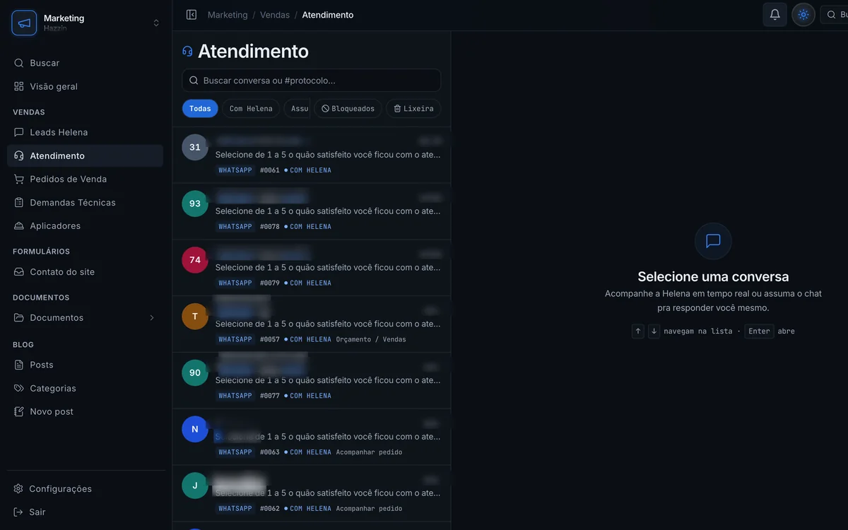 Tela de atendimento do CRM com agente de IA
