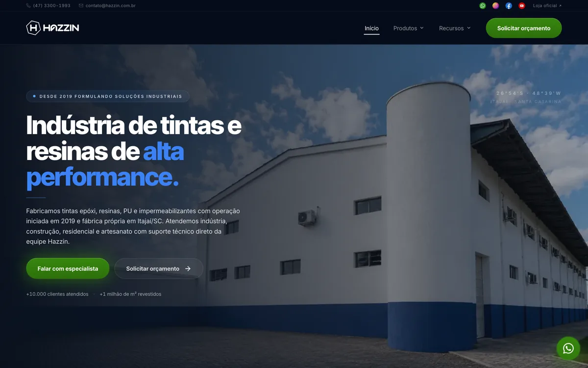 Home do site da Hazzin Indústria